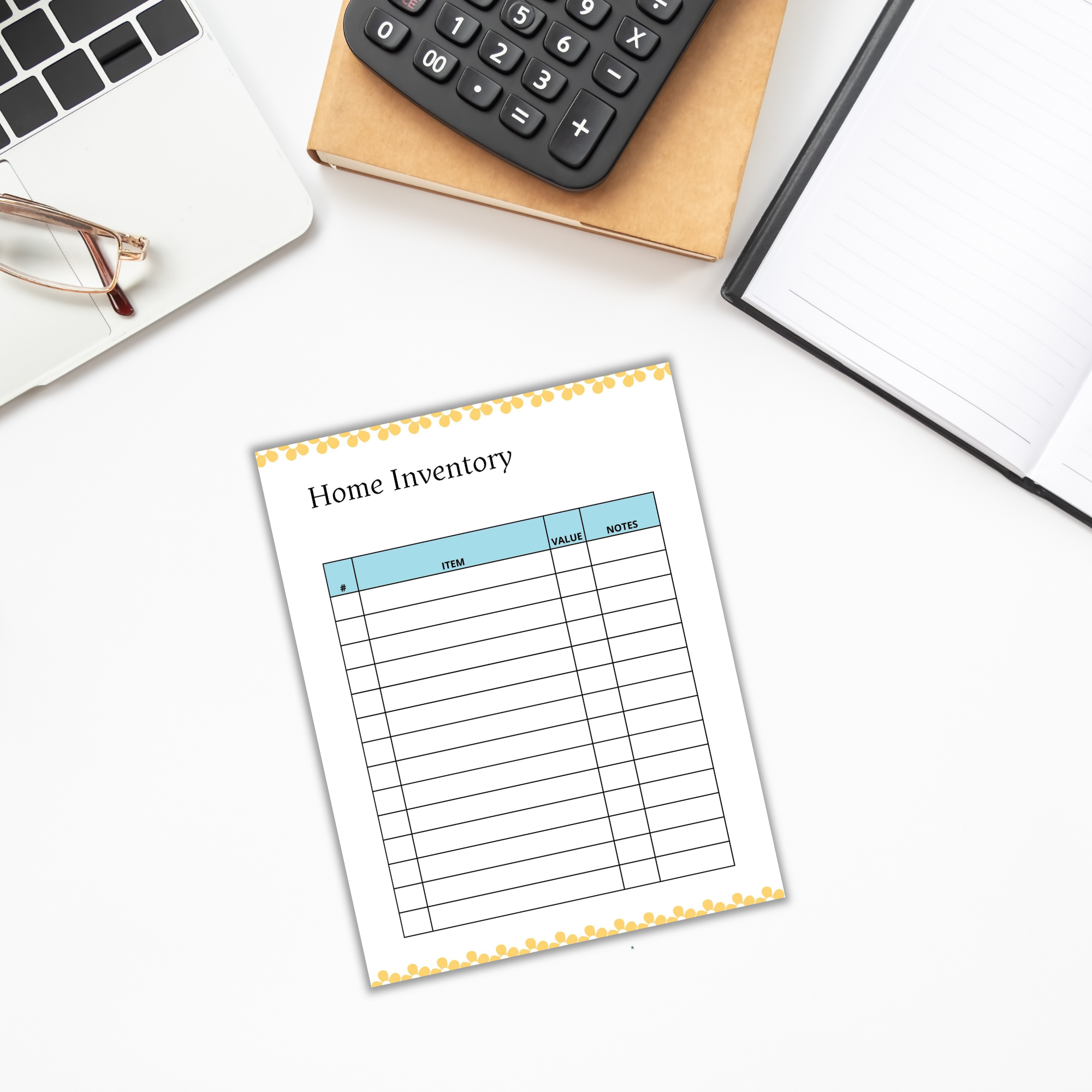 A home inventory form rests on a white desk beside a laptop, glasses, calculator, and open notebook, beautifully enhanced by the Free: Spring-themed Planner Templates.