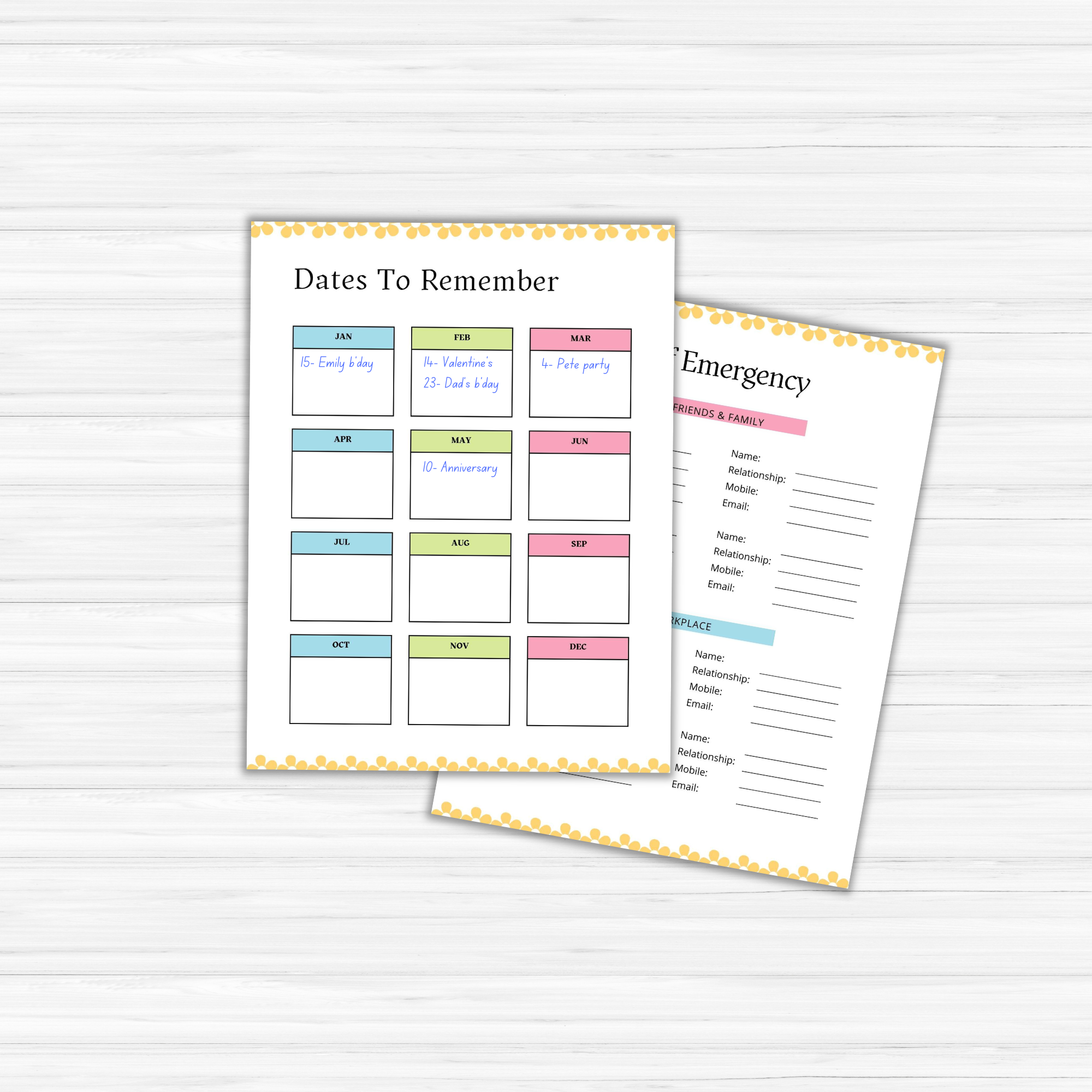 Two pages displayed on a wooden surface feature free Spring-themed planner templates from the product named "Free: Spring-themed Planner Templates." One page is dedicated to "Dates to Remember" organized by month, while the other provides an "In Case of Emergency" contact list, all designed to refresh and enhance your organizational routine.
