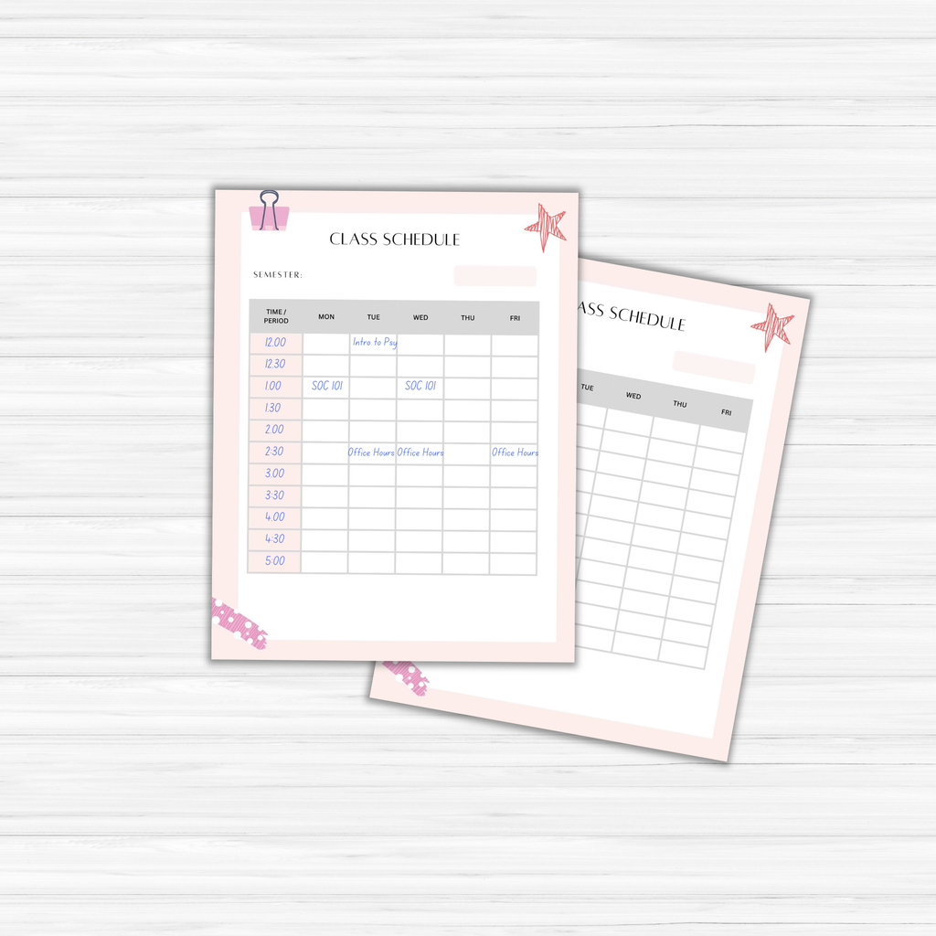 Two class schedule sheets sit on a wooden surface; one is filled with times and courses, while the other is blank and ready to be used. Think of it as your Student Success Planner, prepared to guide you on your path to academic success.