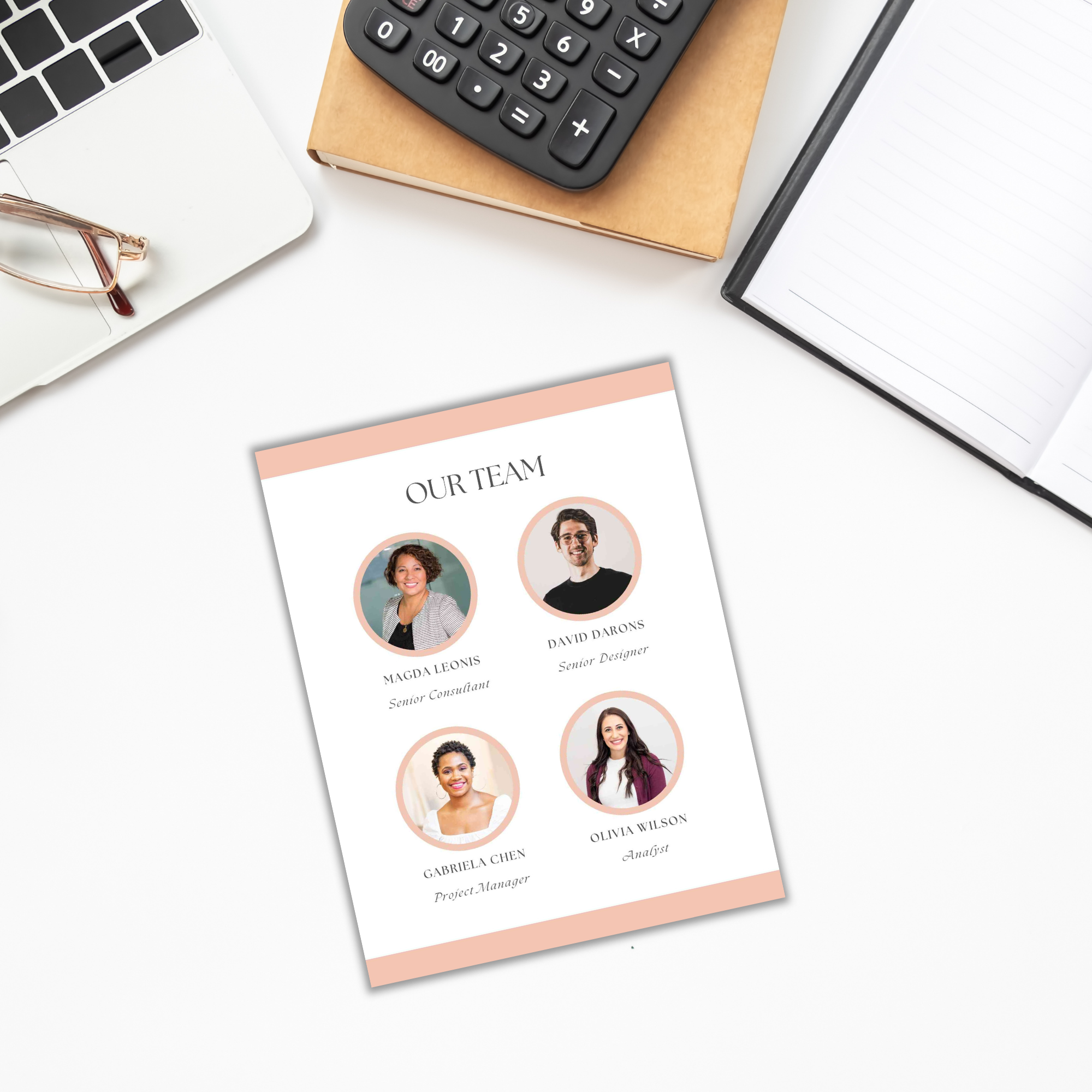 A flat lay of a desk showcasing a laptop, calculator, notepad, and pen. A flyer in soothing summer pastels presents four individuals with their names and titles. The laptop screen displays the open Summer Pastels Ebook Templates.