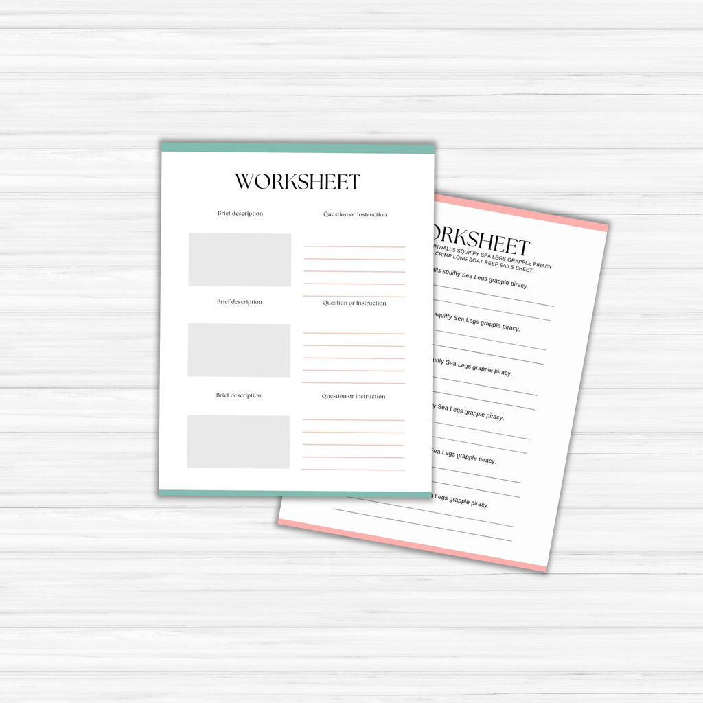 On a wooden surface lie two worksheets. The one on the left, embellished with Summer Pastels Ebook Templates, provides spaces for descriptions and instructions. On the right, the worksheet is lined for writing, reflecting the clean design of ebook templates.