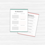 On a wooden surface lie two worksheets. The one on the left, embellished with Summer Pastels Ebook Templates, provides spaces for descriptions and instructions. On the right, the worksheet is lined for writing, reflecting the clean design of ebook templates.
