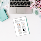 The Summer Pastels Ebook Templates, featuring images and text on a laptop screen, rest on a white surface alongside a notebook, a glass, and pink flowers in soft summer hues.