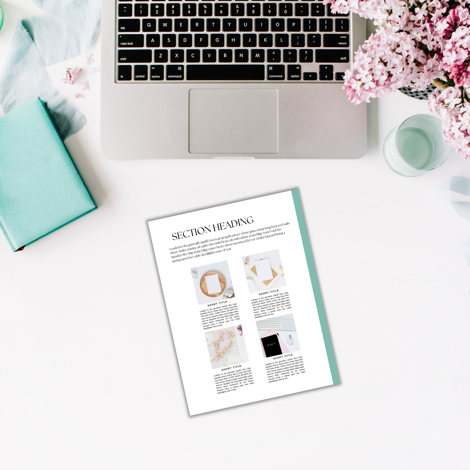 The Summer Pastels Ebook Templates, featuring images and text on a laptop screen, rest on a white surface alongside a notebook, a glass, and pink flowers in soft summer hues.