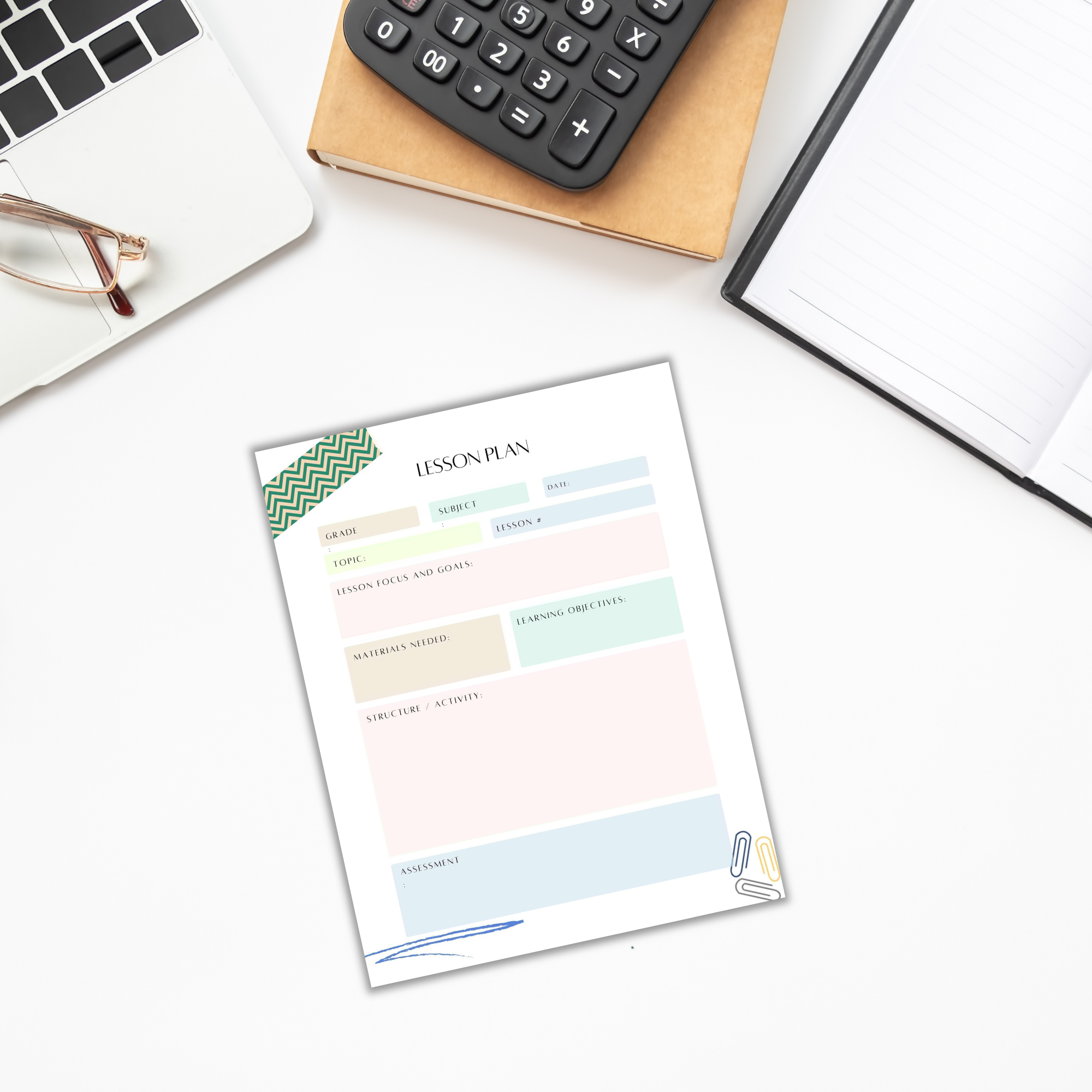 Flat lay of the Printable Planner for Teachers on a desk, accompanied by a notebook, glasses, and a calculator—ideal for printables and organized planning.
