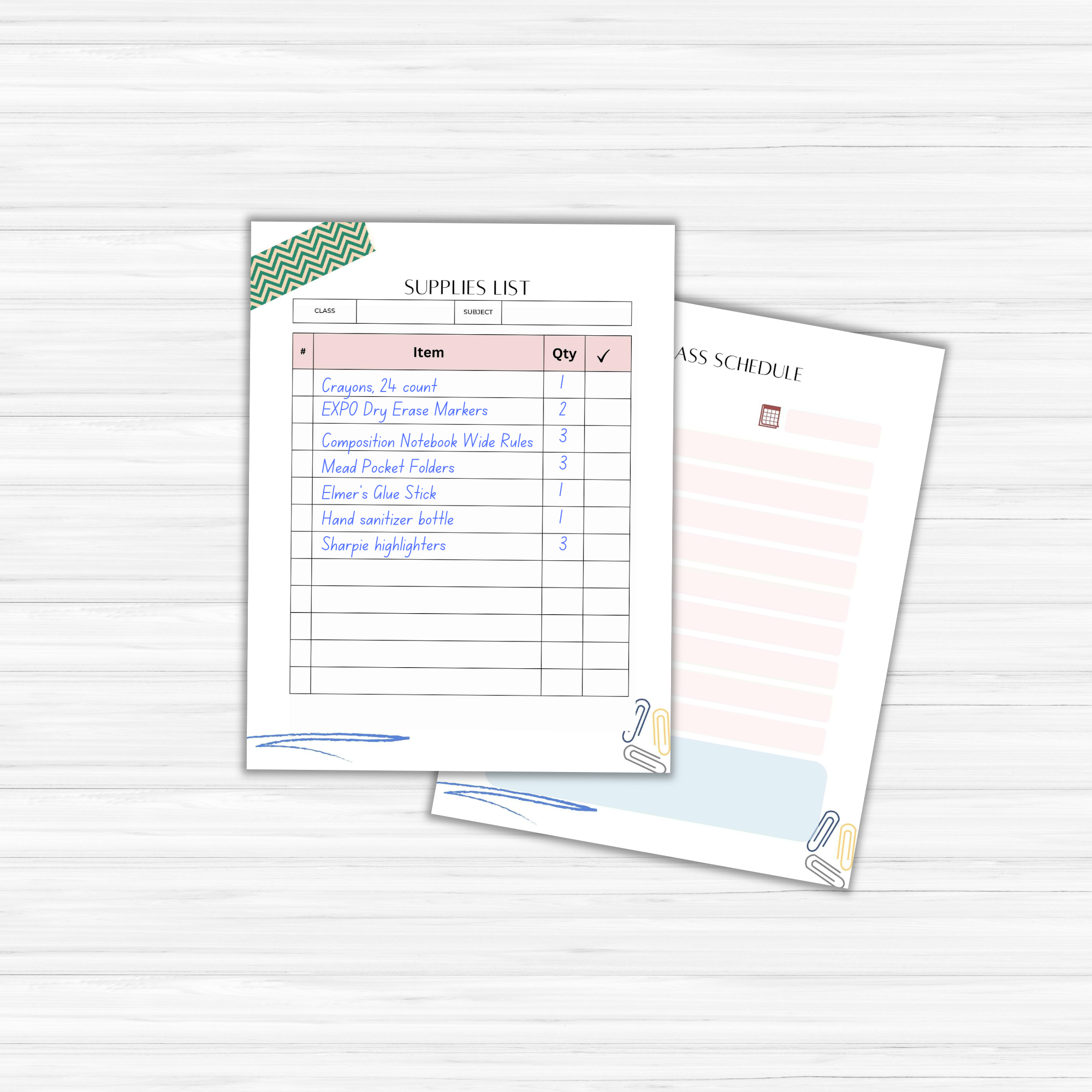 On a light surface, there are two sheets of paper: one displays a supply list with items and quantities, while the other showcases a planner-style class schedule form, perfect for teachers. Both are part of the Printable Planner for Teachers.