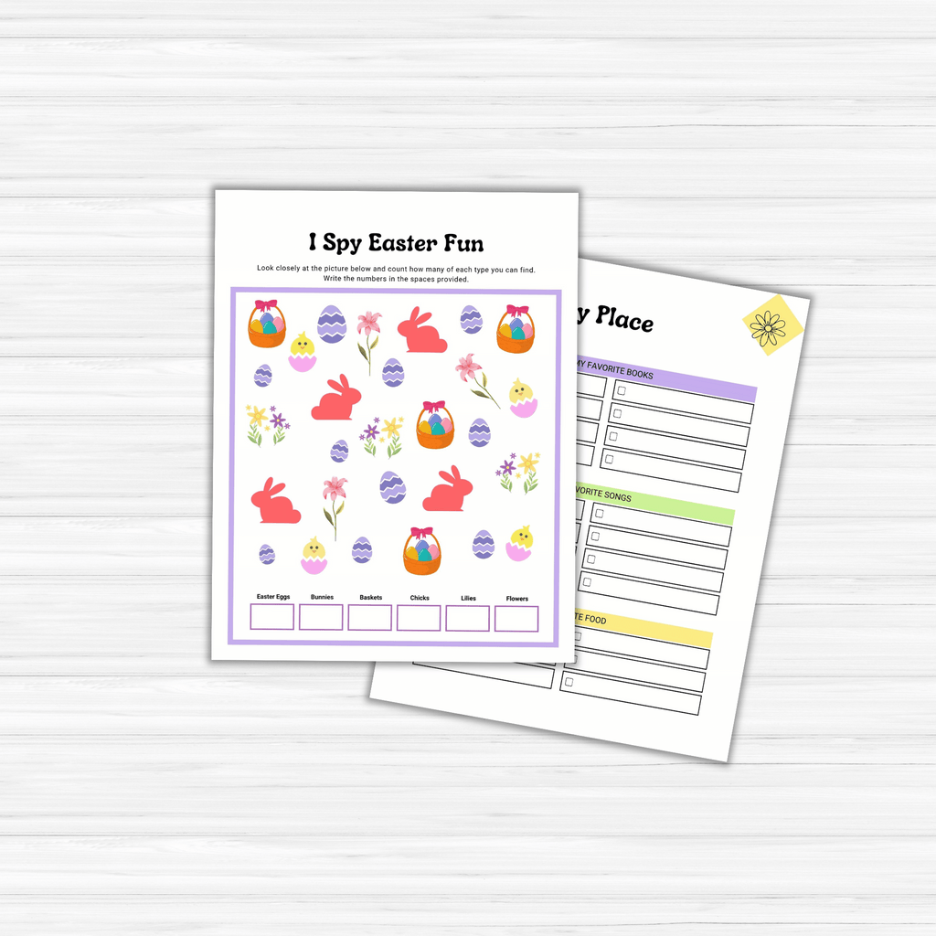 Two children's activity sheets sit on a wooden surface: the top one displays a colorful Easter-themed "I Spy" game with eggs and bunnies, while the bottom is a personalized Spring Refresh planner from the Free PLR: Spring Refresh Bundle, ideal for any seasonal activity set.