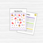 Two children's activity sheets sit on a wooden surface: the top one displays a colorful Easter-themed "I Spy" game with eggs and bunnies, while the bottom is a personalized Spring Refresh planner from the Free PLR: Spring Refresh Bundle, ideal for any seasonal activity set.