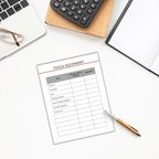 Amidst a checklist with essentials like a mic and microphone, The Ultimate Podcast Planner sits on the desk. Nearby, a laptop, calculator, glasses, notebook, and pen complete the perfect setup for podcast planning.