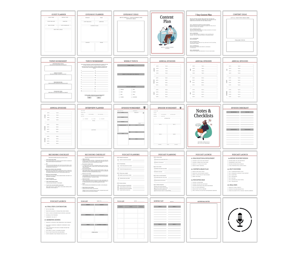 Discover The Ultimate Podcast Planner: a collection of 25 templates for planning and organizing content, product launches, and business strategies. This set features worksheets, calendars, checklists, and a dedicated Podcast Planner for seamless podcast planning.