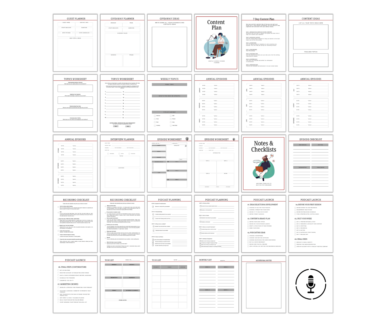 Discover The Ultimate Podcast Planner: a collection of 25 templates for planning and organizing content, product launches, and business strategies. This set features worksheets, calendars, checklists, and a dedicated Podcast Planner for seamless podcast planning.