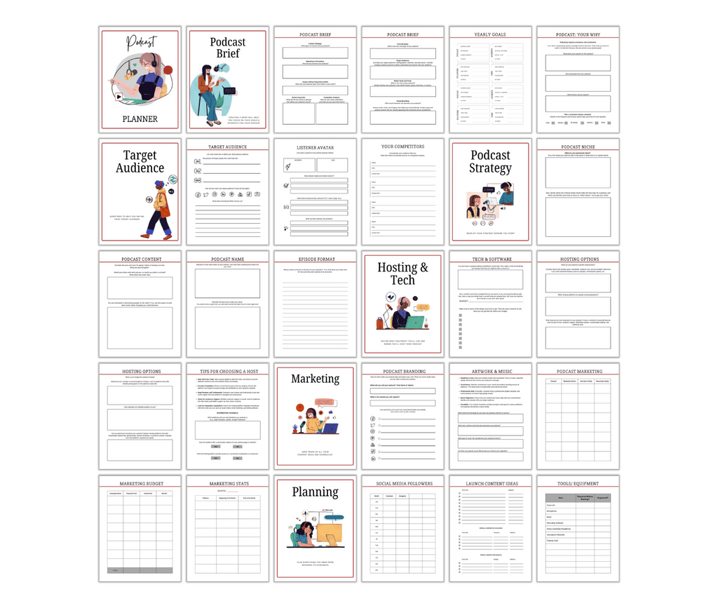 The Ultimate Podcast Planner is the essential tool for seamless podcast planning, featuring multiple pages such as Podcast Brief, Target Audience, and Strategy, each equipped with forms and sections for notes on Marketing, Hosting & Tech essentials.