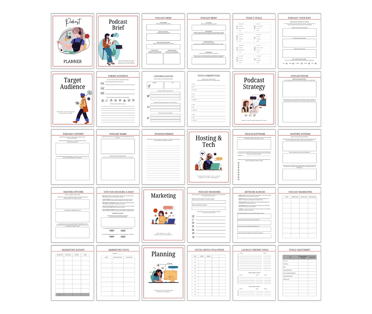 The Ultimate Podcast Planner is the essential tool for seamless podcast planning, featuring multiple pages such as Podcast Brief, Target Audience, and Strategy, each equipped with forms and sections for notes on Marketing, Hosting & Tech essentials.
