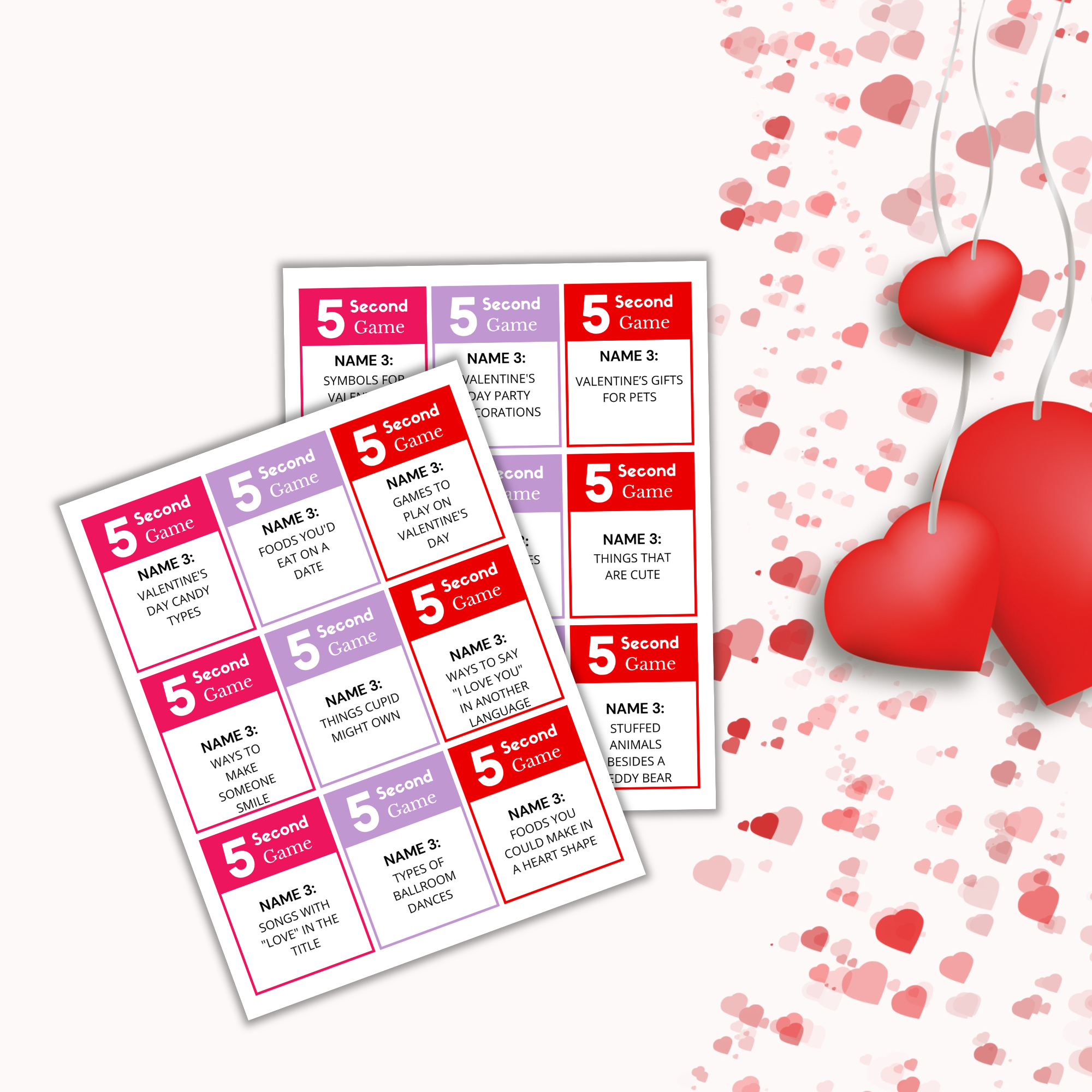 Two Valentine's 5-Second Game PLR cards showcase various challenges. The backdrop is decorated with scattered hearts and hanging red heart ornaments, creating an ideal romantic atmosphere for your game collection.