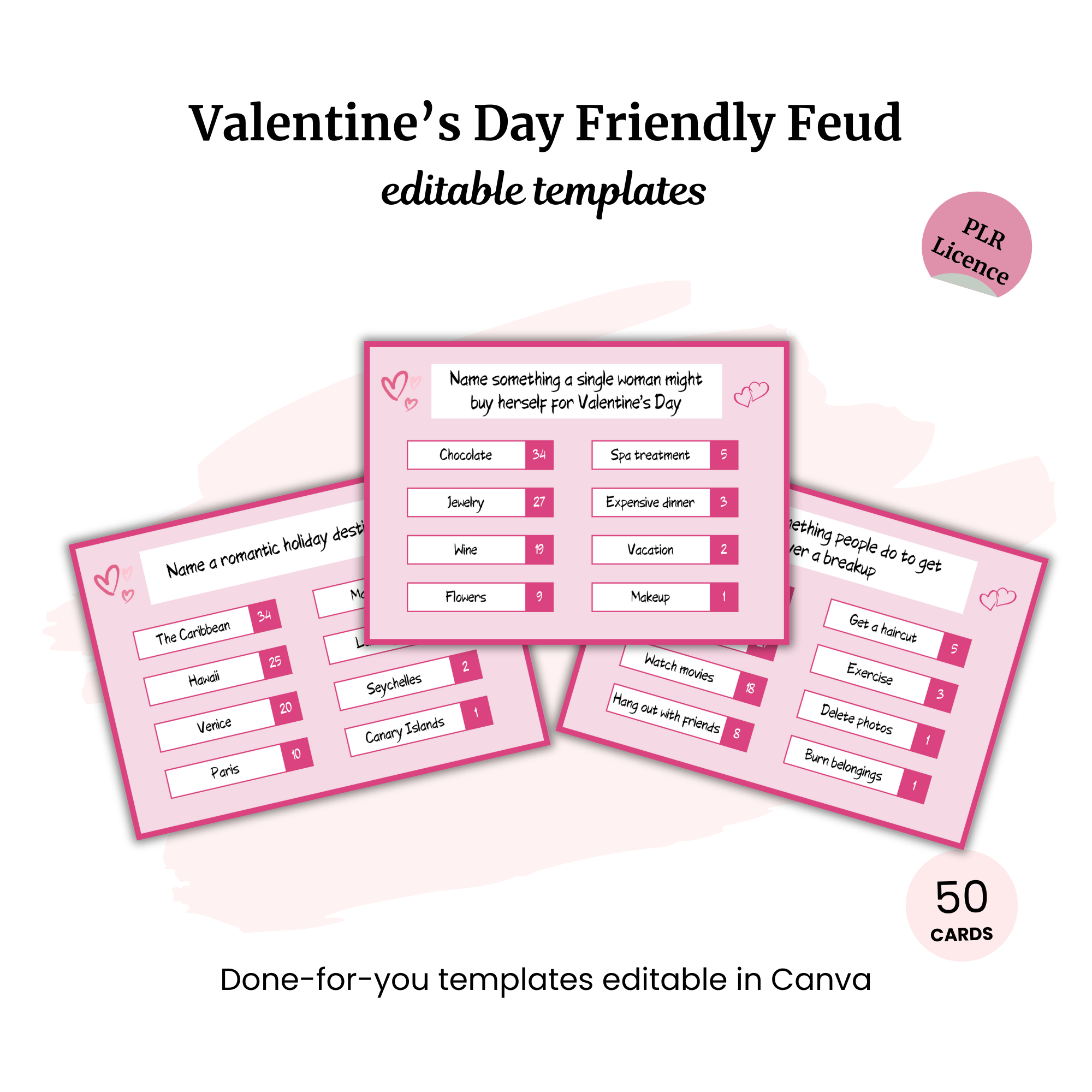 Explore the Valentine's 5-Second Game PLR for vibrant pink-themed card templates with fun Q&A, fully editable in Canva.