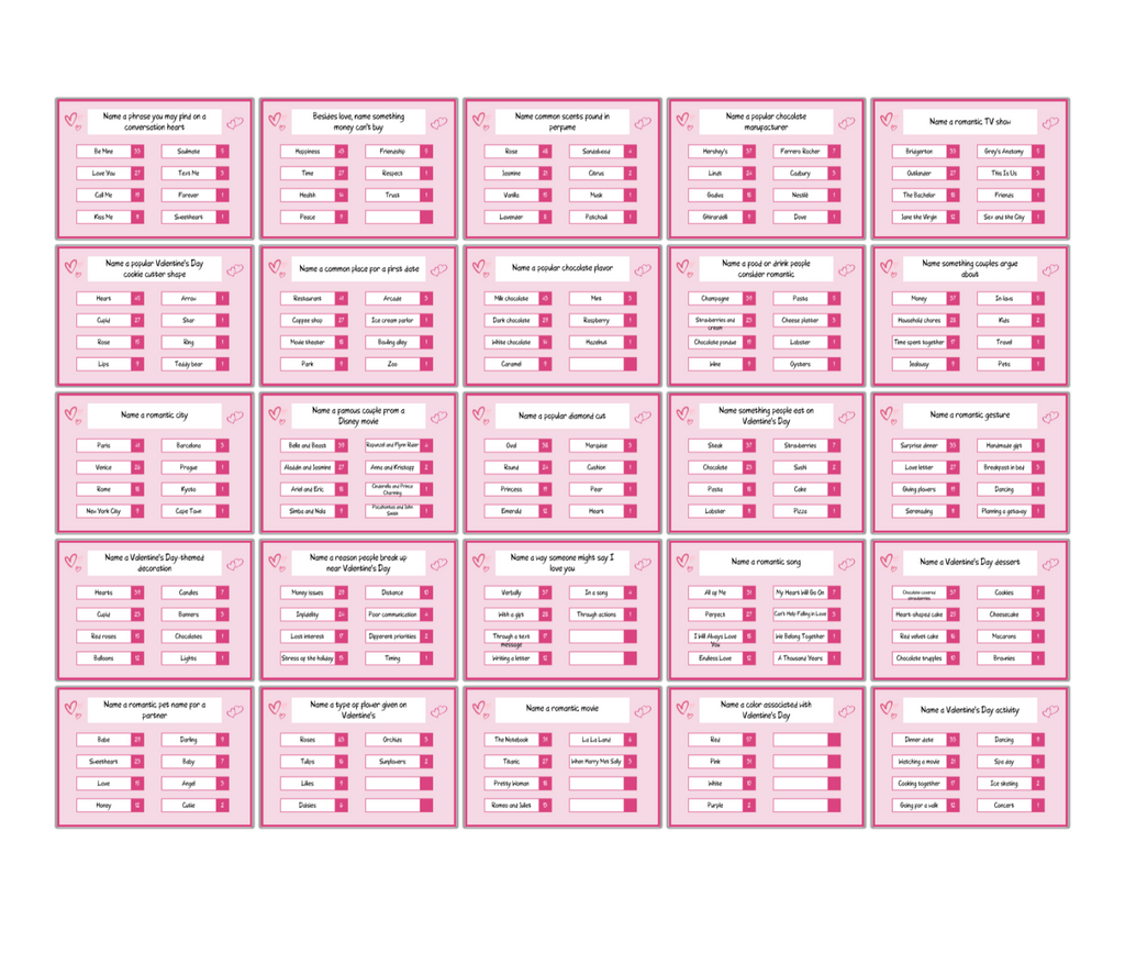The Valentine's 5-Second Game PLR includes 24 pink cards that prompt players to fill in answers under categories like "name a country" and "name a superhero," adding a playful romantic twist to your game night.