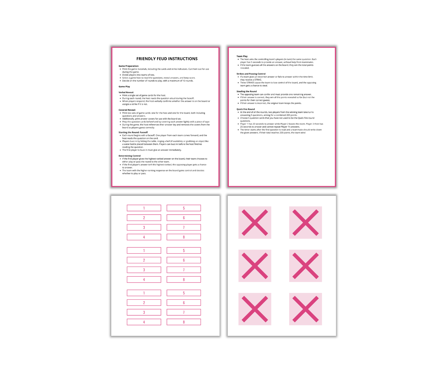 The Valentine's 5-Second Game PLR includes four pages: two with Valentine-themed instructions, one with numbered rectangles, and one with six pink Xs. Ideal for a quick gaming challenge or creating personalized PLR projects.