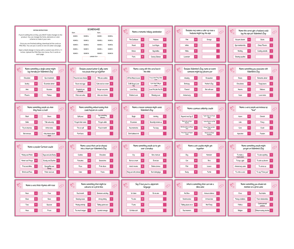 The Valentine's 5-Second Game PLR offers endless fun with pink and white cards featuring questions like "Name a popular hobby" and score columns from 100 to 500.
