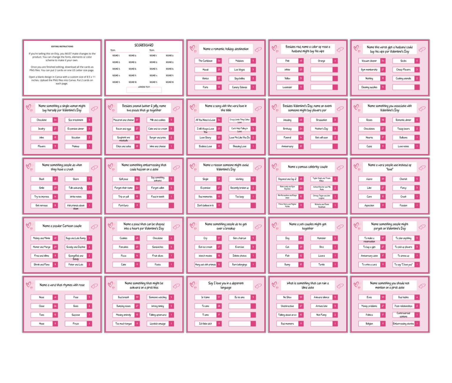 The Valentine's 5-Second Game PLR offers endless fun with pink and white cards featuring questions like "Name a popular hobby" and score columns from 100 to 500.