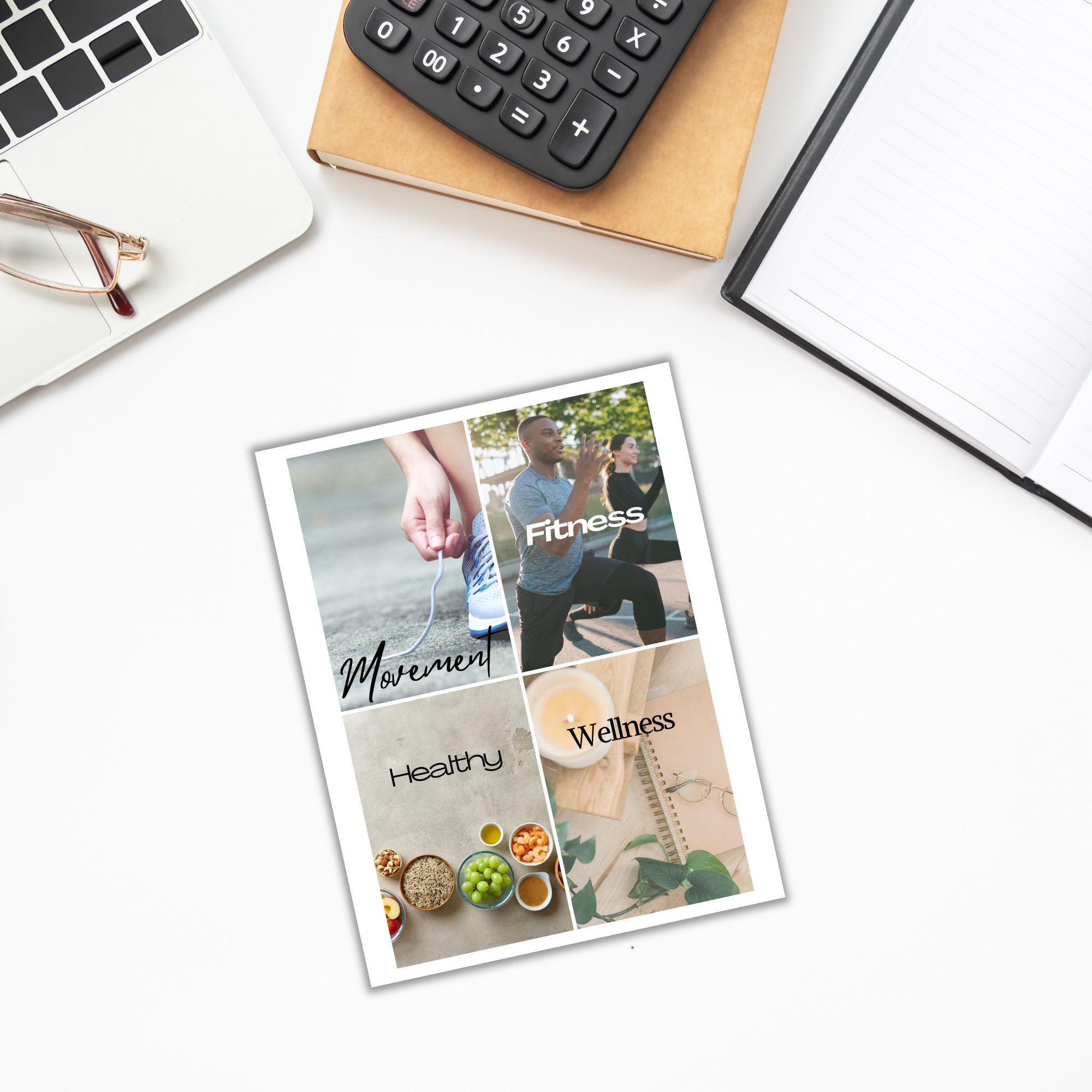 A flat lay showcasing a pamphlet titled "Fitness, Movement, Healthy, Wellness," adorned with images of exercise, food, and relaxation. Surrounding it is the Vision Board Bundle, which includes a calculator, notebook, and glasses.