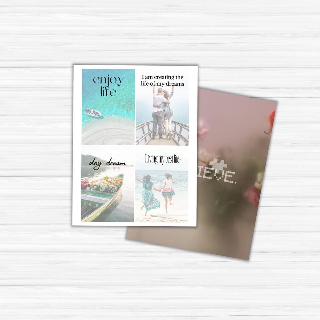 Two overlapping posters on a wooden surface form the Vision Board Kit. The left poster showcases beach scenes and motivational phrases such as "enjoy life," while the right poster is slightly blurred, with "BELIEVE." standing out—an ideal set for daily inspiration.