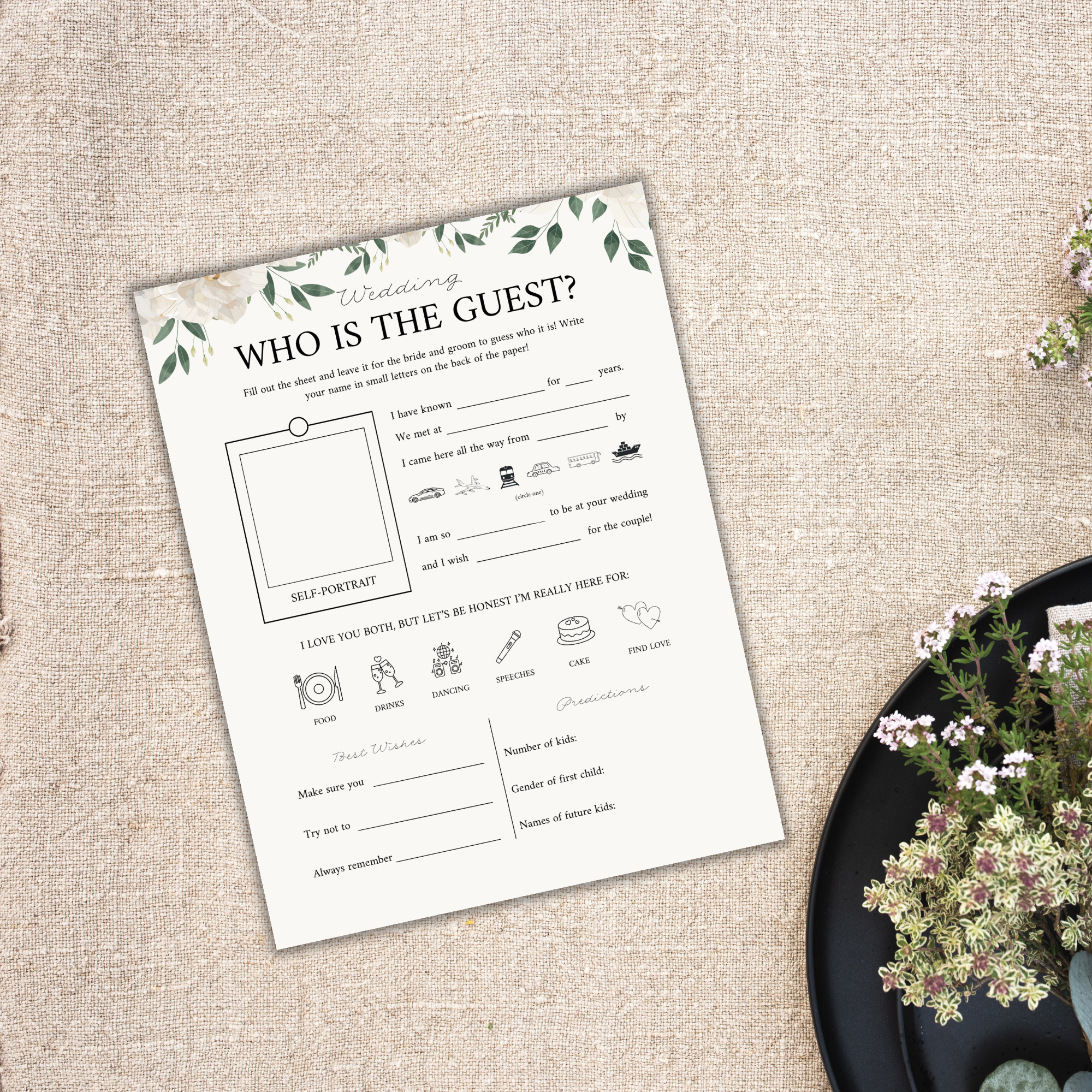 A Wedding Games Bundle PLR form sits on a textured surface, featuring sections for a self-portrait, personal preferences, and multiple-choice options about the celebration. Floral accents and a small plant add charm, reminiscent of elegant planning akin to vibrant Graduation Party Games.