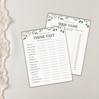 On a beige lace surface lie two elegant wedding cards, "Think Fast" and "Shoe Game," with floral designs and answer spaces. These sophisticated touches are part of our exclusive Wedding Games Bundle PLR collection.