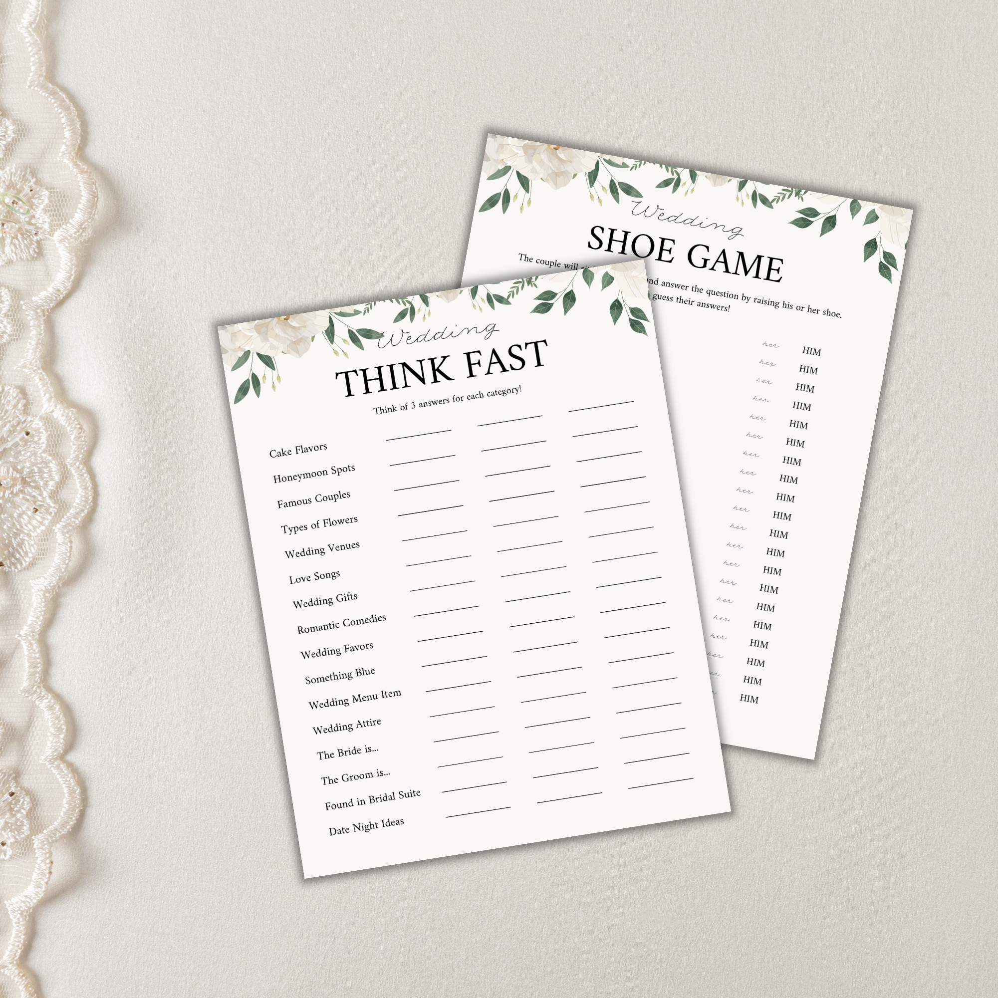 On a beige lace surface lie two elegant wedding cards, "Think Fast" and "Shoe Game," with floral designs and answer spaces. These sophisticated touches are part of our exclusive Wedding Games Bundle PLR collection.