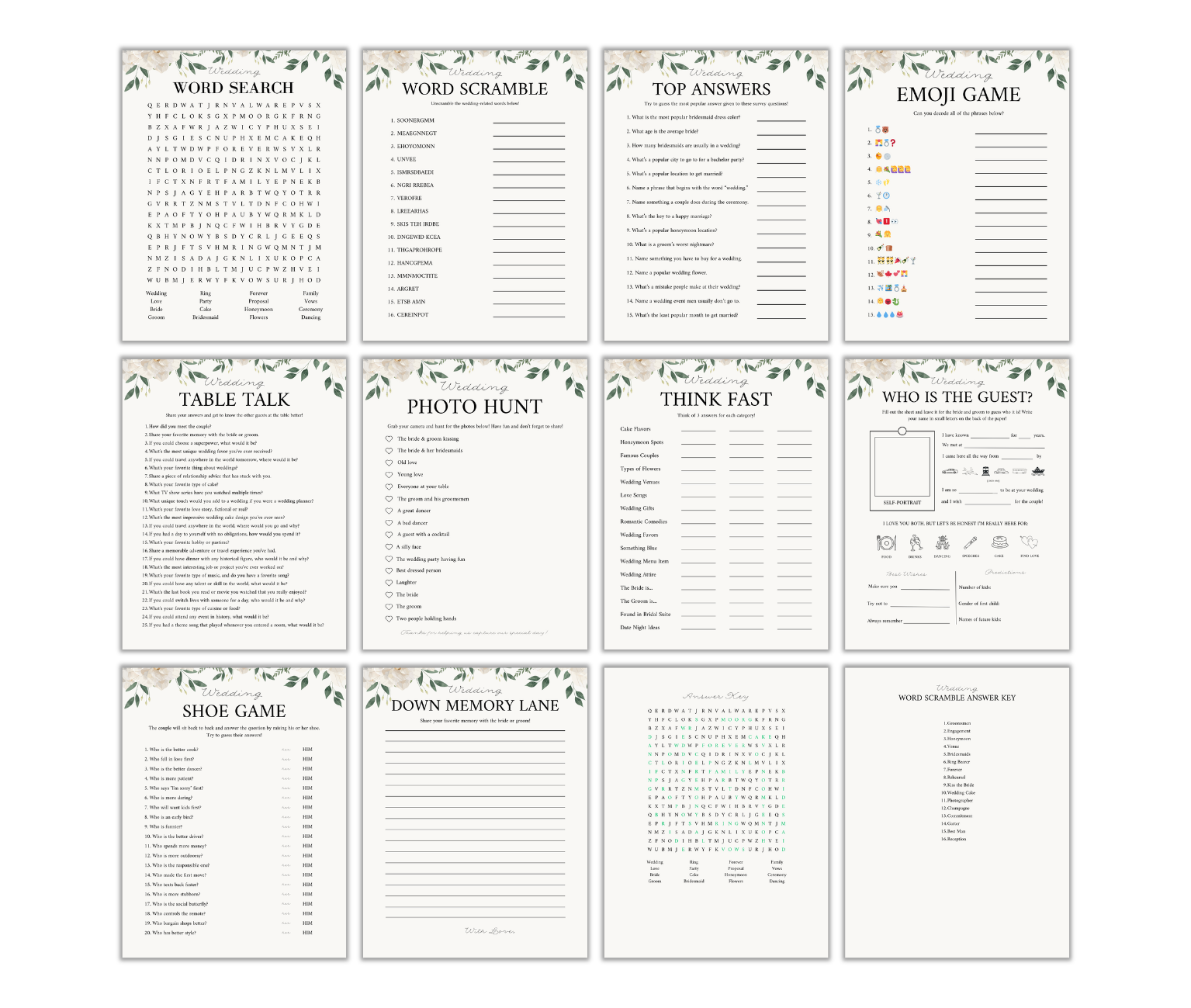 The Wedding Games Bundle PLR includes 12 wedding-themed game sheets with word search, word scramble, photo hunt, and emoji games. They feature floral accents and green foliage, making them ideal for Graduation Party Games PLR by adding a celebratory charm.