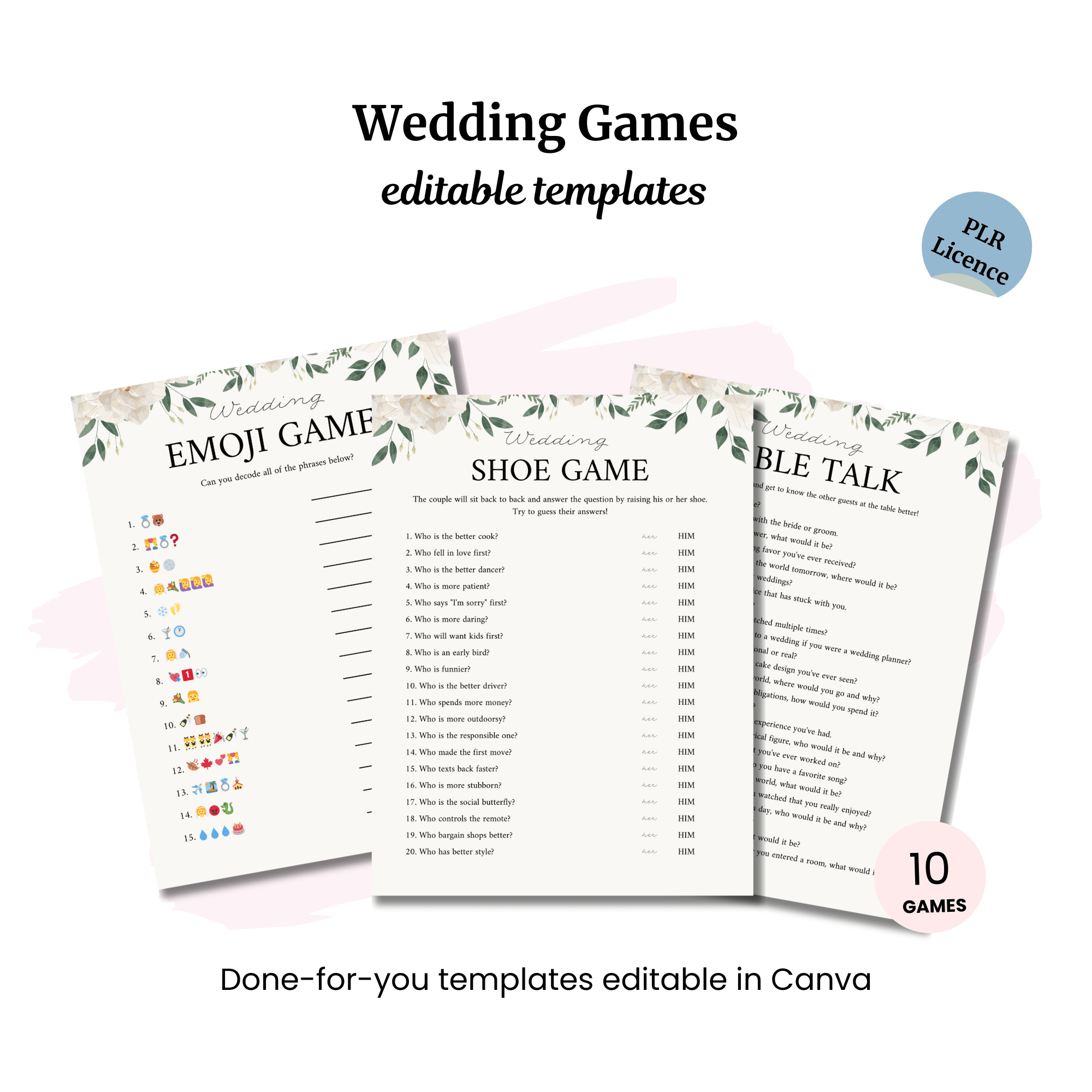 The Wedding Games Bundle PLR features three floral wedding game templates: Emoji Game, Shoe Game, and Table Talk. Perfect for celebrations, these are Canva-editable and include a "Graduation Party Games PLR" license indicator with a note of "10 Games.