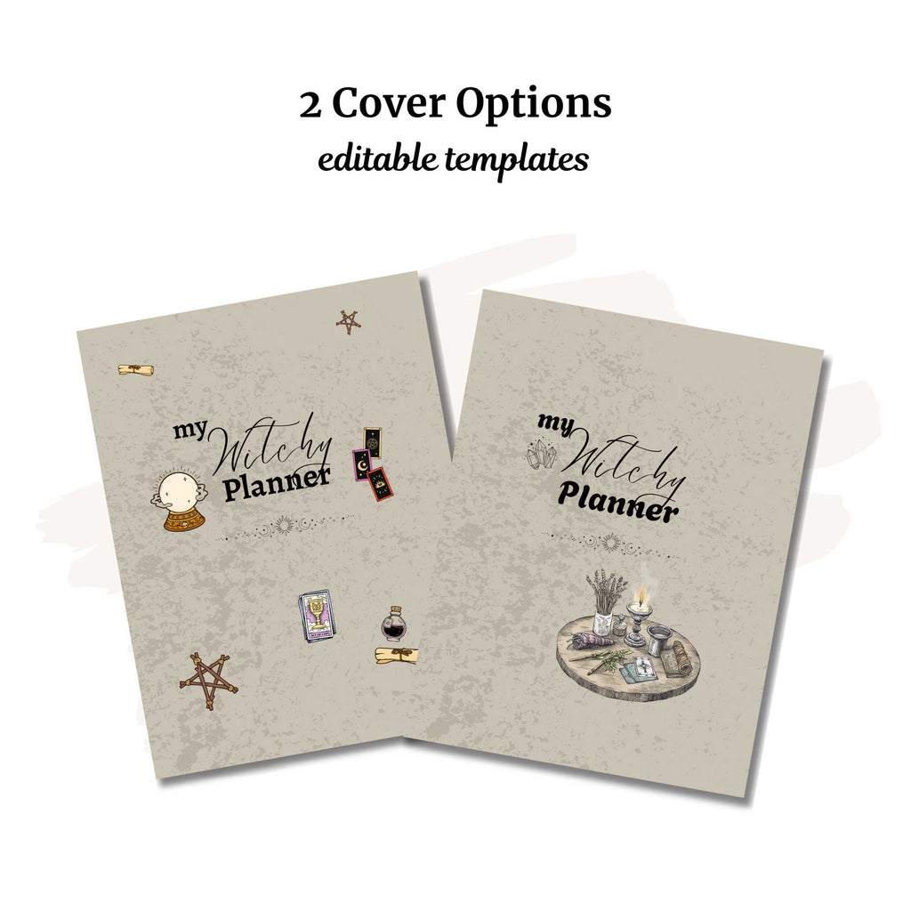The "Witchy Planner PLR" offers two cover options featuring mystical, occult-themed illustrations like crystal balls, stars, potions, and tarot cards. Perfect for PLR needs, these covers come with editable templates to personalize your magical journey.