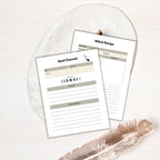 The Witchy Planner PLR set includes a "Spell Journal" with moon phases and lined sections, and a "Witch Recipe" sheet featuring spaces for ingredients and instructions, plus a nearby feather—ideal additions for your magical moments.