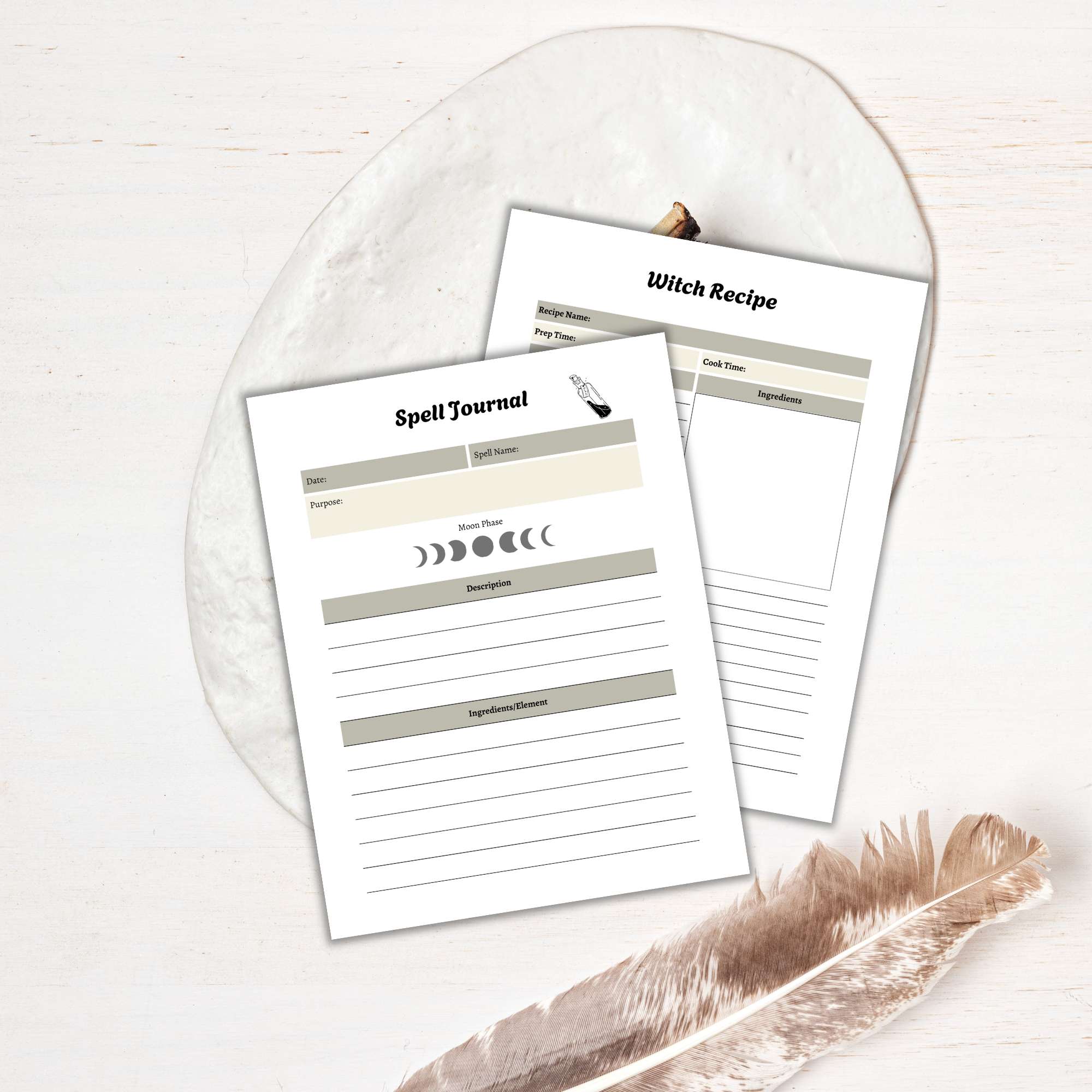 The Witchy Planner PLR set includes a "Spell Journal" with moon phases and lined sections, and a "Witch Recipe" sheet featuring spaces for ingredients and instructions, plus a nearby feather—ideal additions for your magical moments.