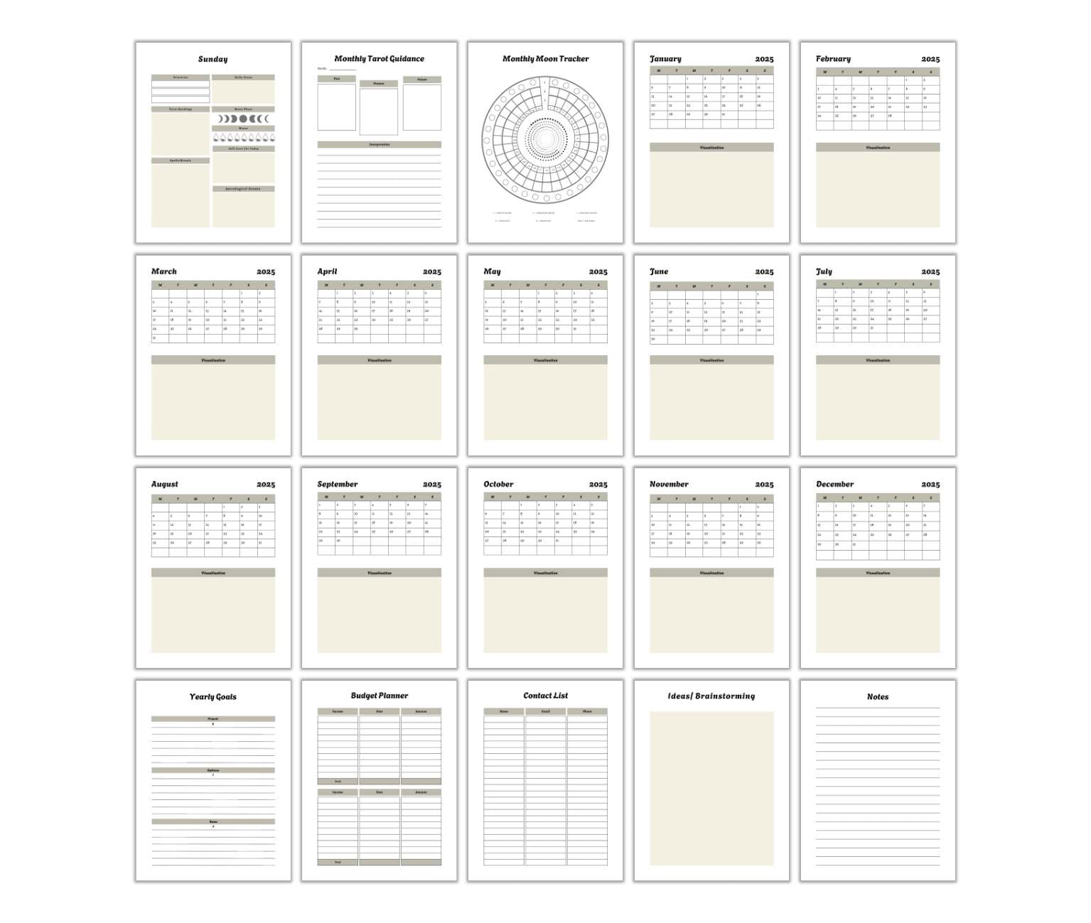 The Witchy Planner PLR offers enchantingly designed planner pages with monthly calendars, trackers, a budget planner, creativity pages, and notes to organize your year.