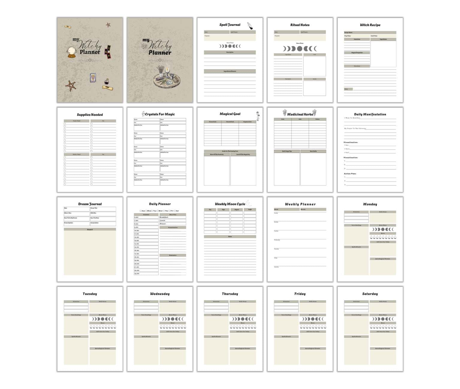 Explore the 20-page "Witchy Planner PLR" for all your magical planning needs, featuring templates for spell notes, tarot readings, moon phases, daily schedules, and dream journals. Each page is enhanced with mystical symbols and well-organized sections.