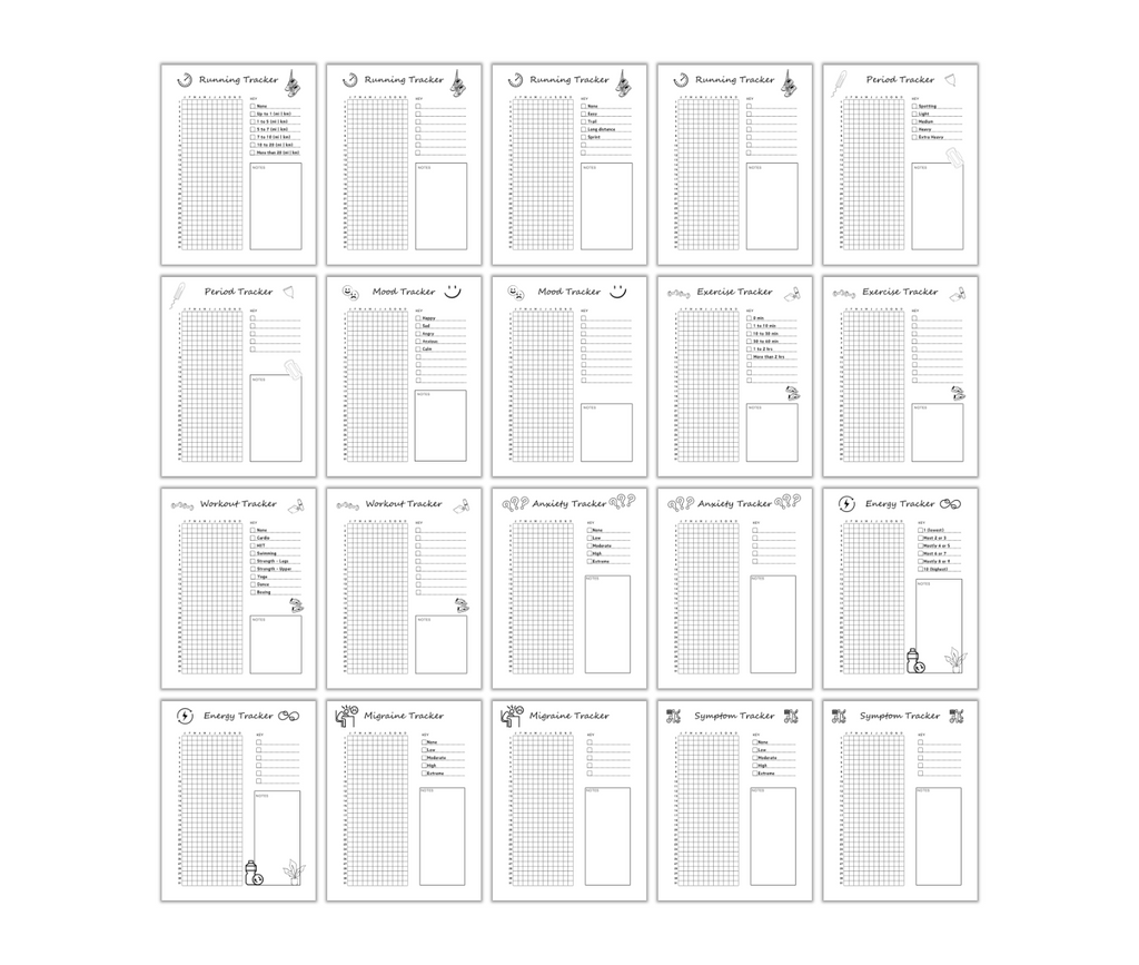 The Year in Pixels PLR Templates include sixteen planner pages packed with a variety of trackers, such as running, mood, and wellness. These templates feature Year in Pixels grids and icon designs, making it easy to monitor exercise, anxiety, energy levels, migraines, and other symptoms efficiently.
