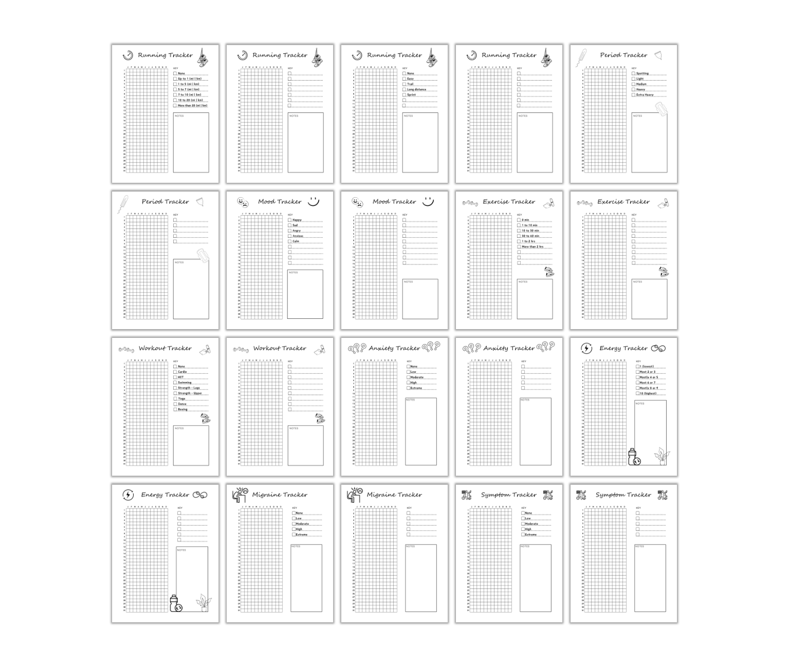 The Year in Pixels PLR Templates include sixteen planner pages packed with a variety of trackers, such as running, mood, and wellness. These templates feature Year in Pixels grids and icon designs, making it easy to monitor exercise, anxiety, energy levels, migraines, and other symptoms efficiently.
