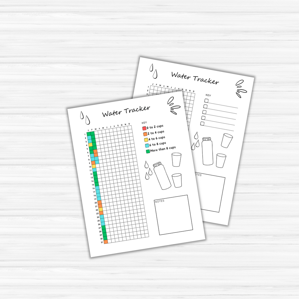 Two water tracker sheets are set against a light wood background; one includes a grid chart with a color-coded key reminiscent of the Year in Pixels PLR Templates, while the other displays icons of water glasses alongside space for personal notes.