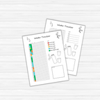 Two water tracker sheets are set against a light wood background; one includes a grid chart with a color-coded key reminiscent of the Year in Pixels PLR Templates, while the other displays icons of water glasses alongside space for personal notes.
