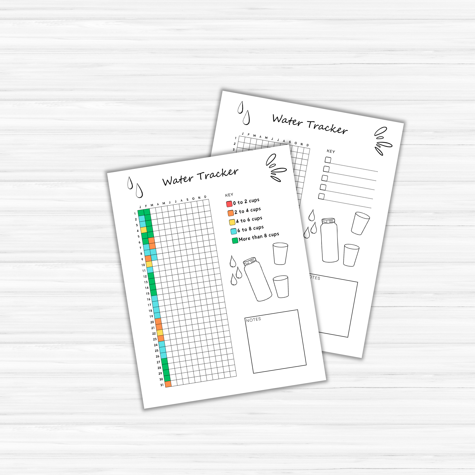 Two water tracker sheets are set against a light wood background; one includes a grid chart with a color-coded key reminiscent of the Year in Pixels PLR Templates, while the other displays icons of water glasses alongside space for personal notes.