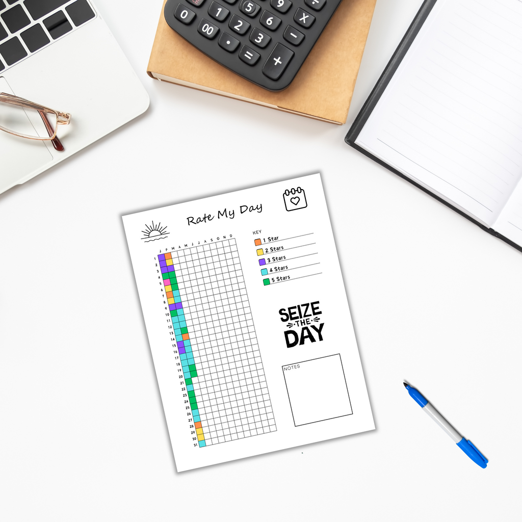 A desk scene showcasing the "Year in Pixels PLR Templates" with a "Rate My Day" chart, notebook, pen, glasses, and calculator. A grid of colored blocks is enhanced by the motivational phrase "Seize the Day.