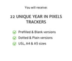Image displaying 22 distinct Year in Pixels PLR Templates, featuring both prefilled and blank options, available in dotted and plain versions. These templates come in USL, A4, and A5 sizes and provide a creative method for visualizing your year.