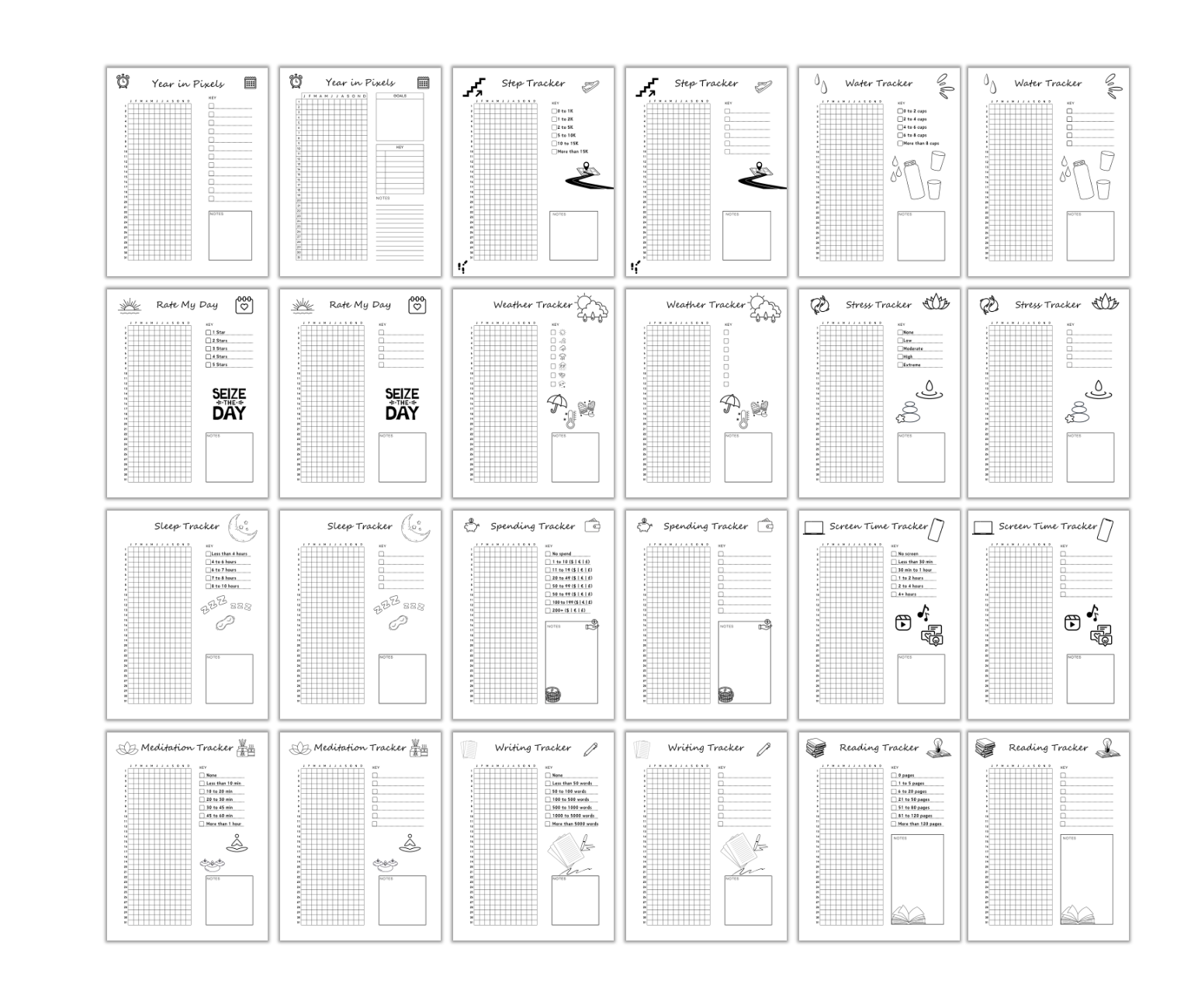 Introducing the "Year in Pixels PLR Templates" collection, which includes 25 illustrated planner templates designed for personal use or as PLR resources. These templates feature sections for notes and weekly trackers, along with themes such as weather, sleep, and reading. Additionally, some layouts contain a Year in Pixels section that offers a vibrant method to track your moods all year round.