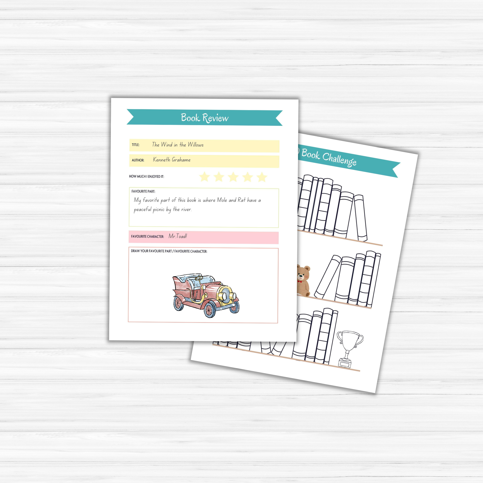 On the table lie two book-themed worksheets: one is a reading planner with sections for the title, author, and review; the other, called the Summer Reading Planner for Kids, features drawings of books and awards to inspire young readers.